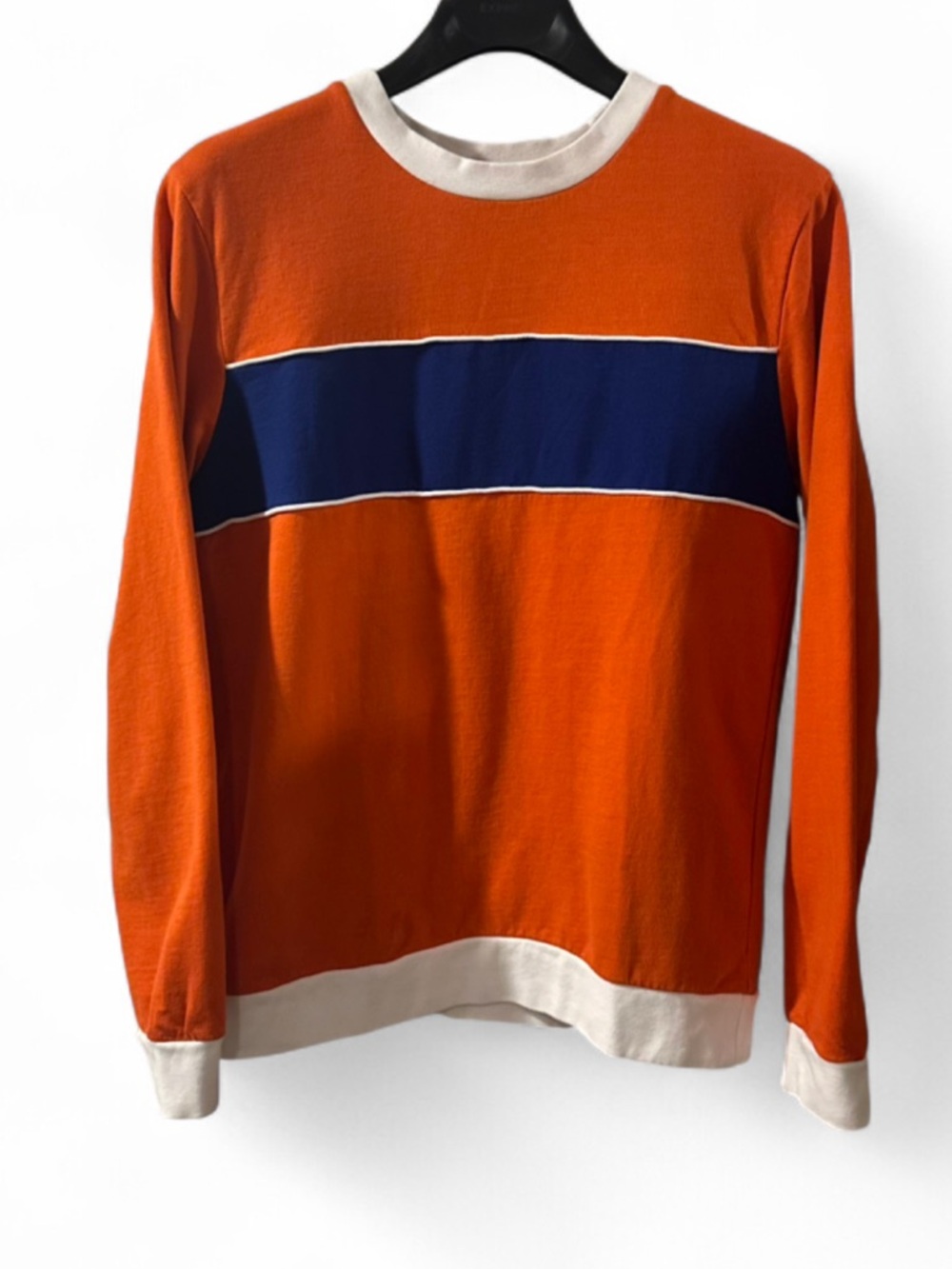 VTG Y2K Men's Orange Crewneck Color-block Sweatshirt Size Medium